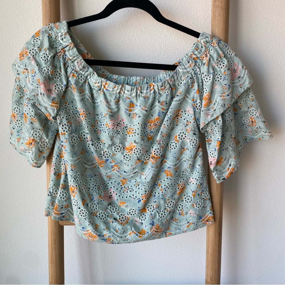 Anthropologie Laia Ashtabula Off the Shoulder Blue Floral Top (S)